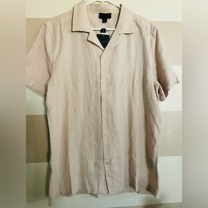 Magaschoni Men's Beige European Linen Blend Casual Button Down Shirt